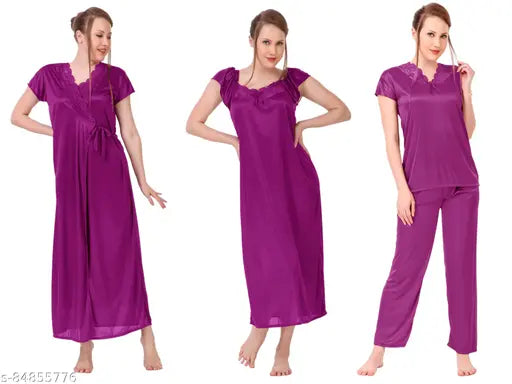 Blue satin nightwear suit dress set (4-piece), featuring robe, nighty, and top & bottom pyjamas for women. India-made satin fabric offers comfort and a silky finish