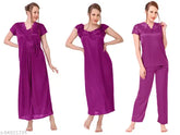 Blue satin nightwear suit dress set (4-piece), featuring robe, nighty, and top & bottom pyjamas for women. India-made satin fabric offers comfort and a silky finish