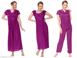 Blue satin nightwear suit dress set (4-piece), featuring robe, nighty, and top & bottom pyjamas for women. India-made satin fabric offers comfort and a silky finish
