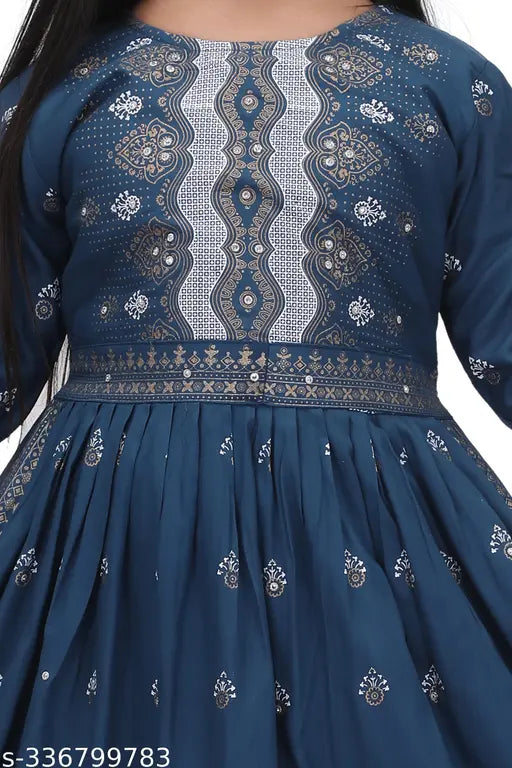 Blue color printed kid's Rayon Naira Cut Kurta set with palazzos, A-line style, knee length, three-quarter sleeves. Indian origin