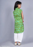 Kidaroo Girls Cotton Tiranga Printed Kurta & Pants Set - White pyjamas with frilled hem, calf length, sleeveless, perfect for all occasions like weddings and parties. Ideal birthday gift for girls aged 3-4 years