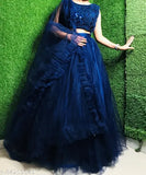 Blue acrylic lehenga with net dupatta, embellished top and ruffled designs for party wear or weddings