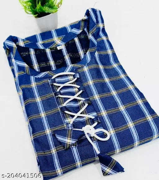 Royal Blue Woolen Checked Three-Quarter Sleeve Kurti, women's top wear from India