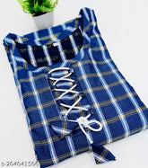 Royal Blue Woolen Checked Three-Quarter Sleeve Kurti, women's top wear from India