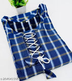 Royal Blue Woolen Checked Three-Quarter Sleeve Kurti, women's top wear from India
