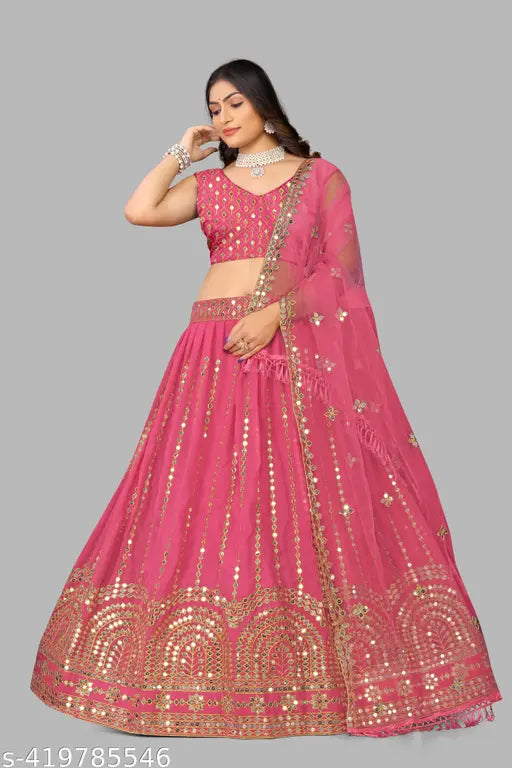 Georgette embellished Indian Lehenga-Choli set with embroidered details, free size (43in waist, 43in length), originating from India