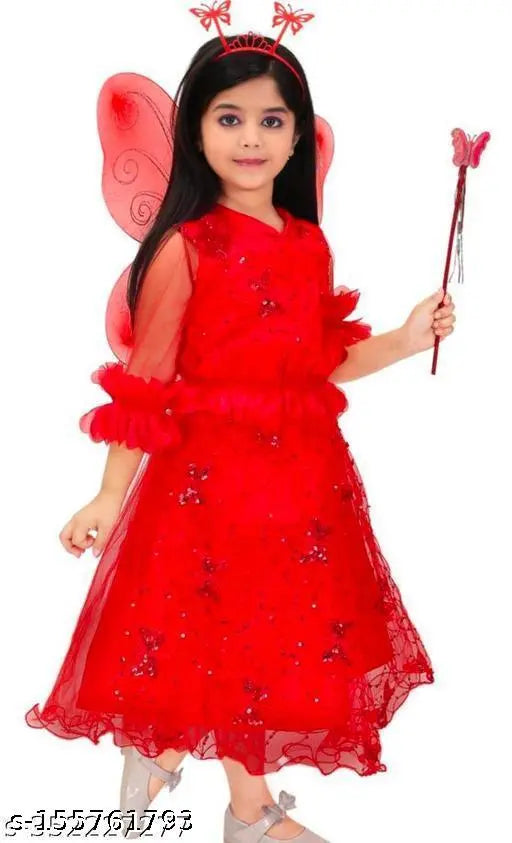 Red bamboo straight frock with dupatta for kids, printed knee-length trousers on display stand