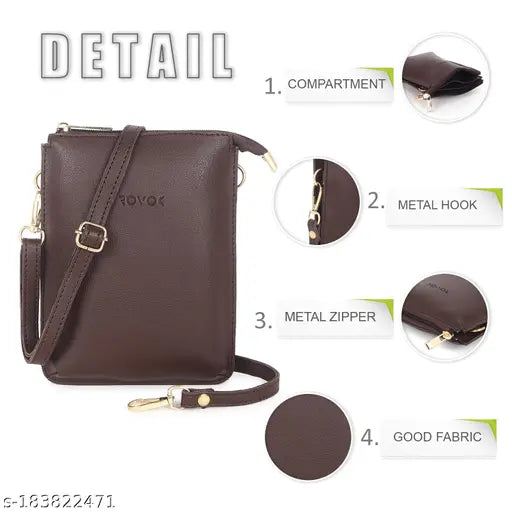 Brown PU sling cum mobile pouch, 3 compartments, stylish casual look, ideal for modern women