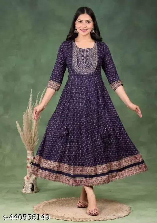 Viscose Rayon Printed Flaired Anarkali Gown, embroidered with intricate detailing, suitable for festive and everyday looks. Size: S-XXXL