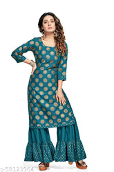 Gold foil printed pure rayon straight kurta with sharara, attractive casual party wear for women (3/4 sleeves, single size)