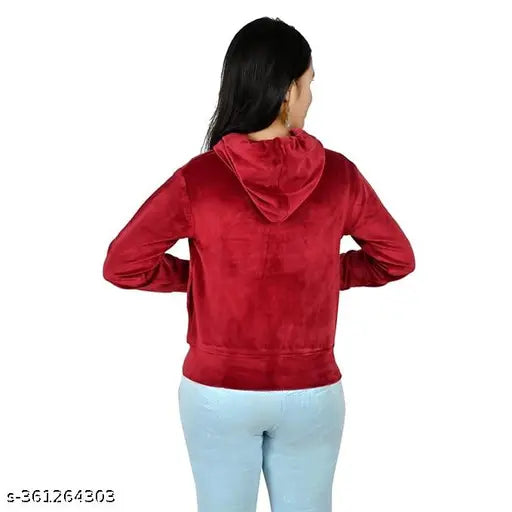 Maroon velvet girls' full sleeve winter sweatshirt & hoodie, cozy cold-weather wear with zipper and two lower front pockets
