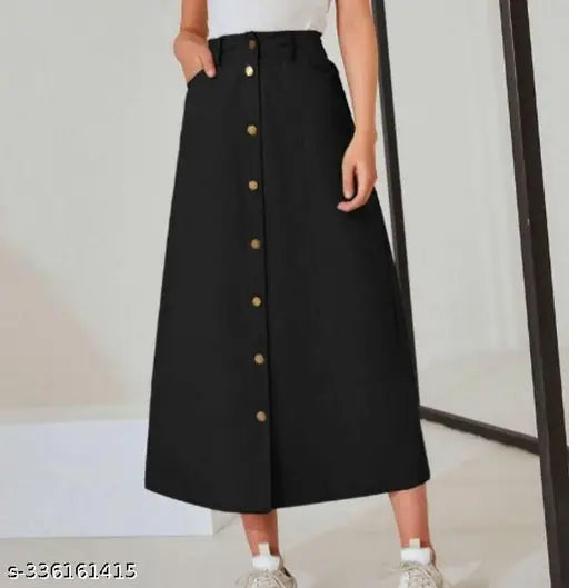Black denim A-line maxi skirt, lightweight & breathable, durable, suitable for all body types, trendy denim skirt with multiple sizes available