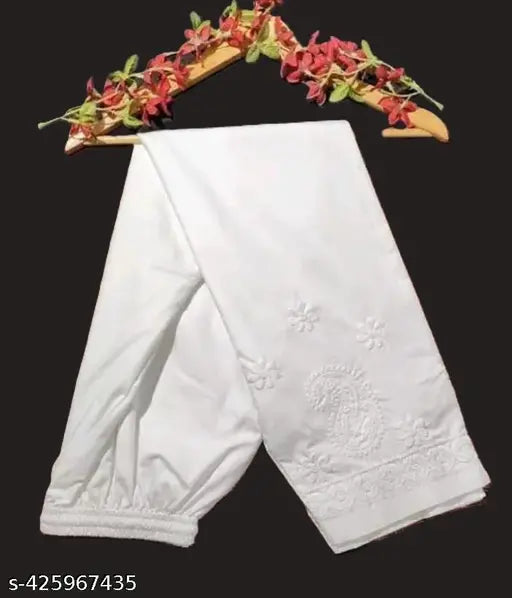 White Chikankari cotton pants, 100% cotton, elastic waistband, dual pocket