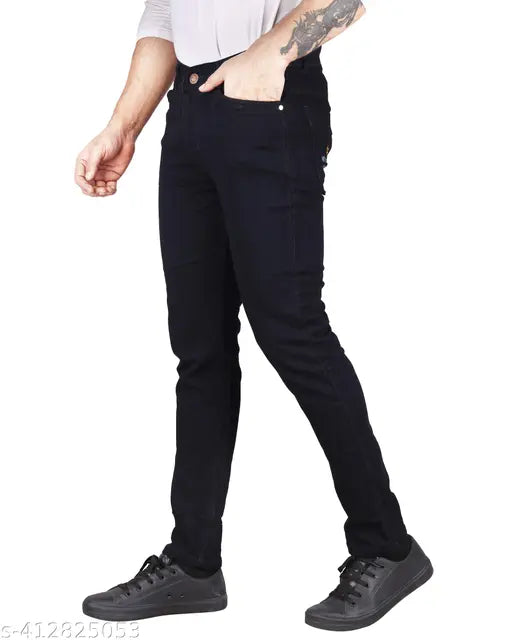 Men's black denim slim mid-rise stylish jeans, solid pattern on display