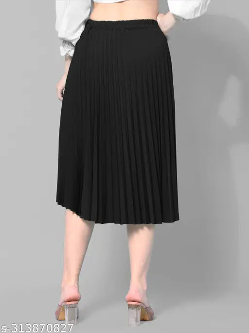 Black crepe pleated midi skirt, full length, elastic waistband, trendy and flattering for all body types