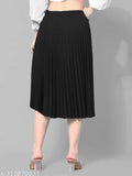 Black crepe pleated midi skirt, full length, elastic waistband, trendy and flattering for all body types