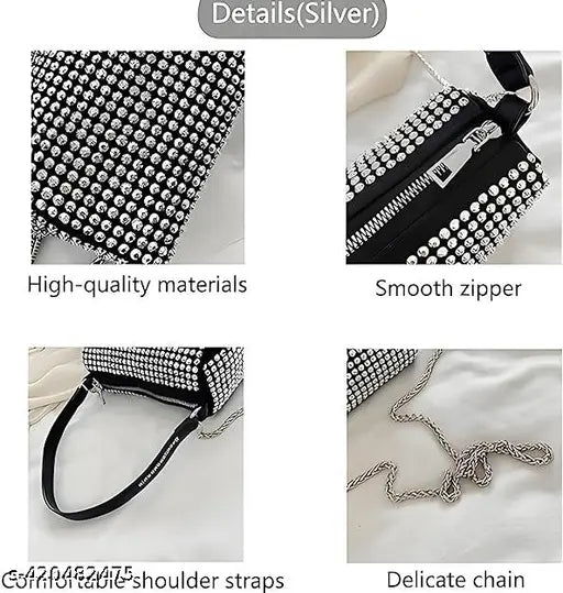 Silver synthetic crossbody bag with rhinestones, embellished net pattern, 2 compartments, free size (10in x 10in x 10in), perfect for summer trendy style
