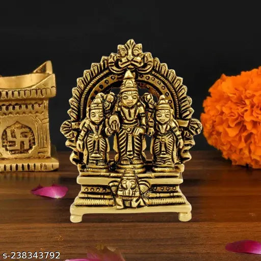 Brass South Indian Arts Lord Vishnu with Shridevi and Bhudevi sculpture, 2.9-inch tall home decor item