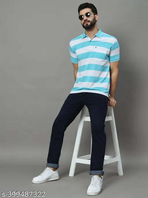 Unisex cotton blend polo collar striped T-shirt, short sleeves with pocket on chest, size M-XXXL