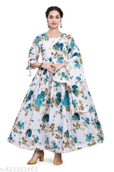 Crepe-sleeved printed cotton party dress with dupatta for women, available in S, M, L, XL, XXL sizes (Indian ethnic and western style)