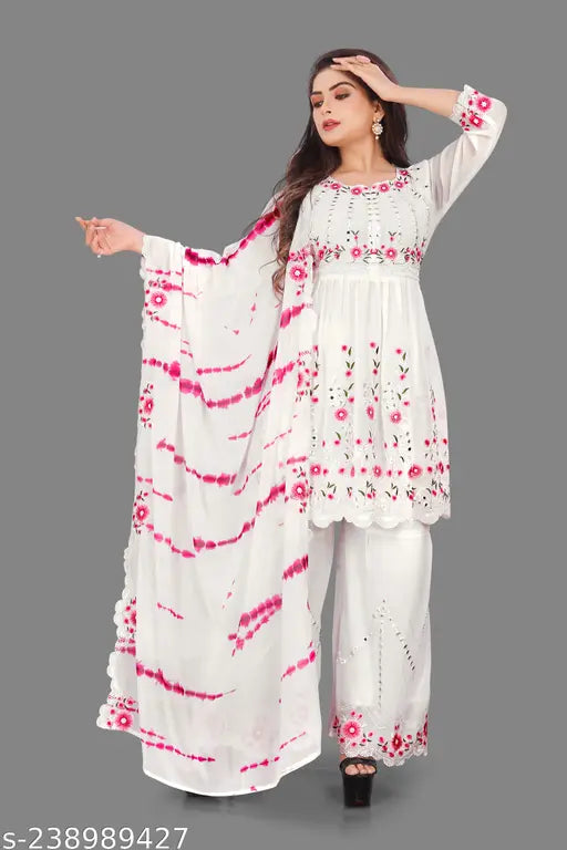 White georgette embroidered top with sharara for women and girls, complete set includes dupatta and bottomwear