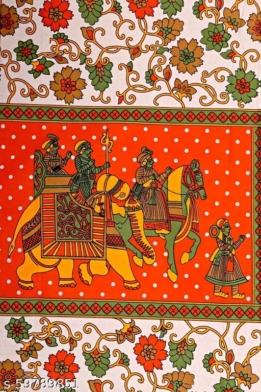 Sanganeri Printed Cotton Double Bedsheet with 2 Pillow Covers - Traditional Indian Rajasthani design, high-quality fine cotton