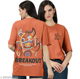 Peach oversize cotton t-shirt for women, printed net pattern, short sleeves, made in India (L: Bust 44in, XL: Bust 46in, XXL: Bust 48in)