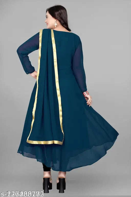 Georgette partywear kurti with dupatta, solid color, three-quarter sleeves. Elevate your style at parties or festivals, available in sizes M-XXXL. Indian ethnic wear, perfect for office, casual events, or special occasions. Shop online from brand HARRICA
