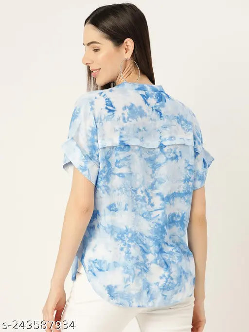 Light Blue Rayon Slub Top - Printed, short-sleeved, relaxed fit rayon top in light blue hue for casual or dressed-up wear, made in India