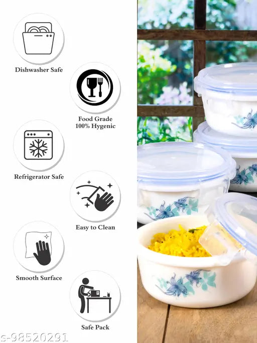 Opalware glass storage container set of 4pcs, airtight with floral print design, ideal for organizing kitchen and fridge leftovers or pre-prepared meals