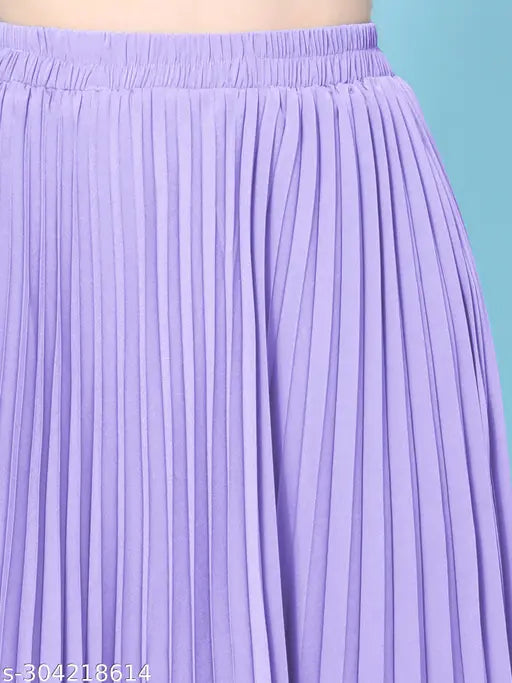 Slate blue pleated midi skirt, crepe fabric, elastic waistband, flared hemline - trendy Indian fashion for all body types