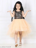 Golden hi-low net dress for kids partywear, embellished and sleeveless
