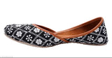 Black synthetic Quikni ethnic colourblock handmade juttis for women - comfortable ballerina sandals with ankle loop