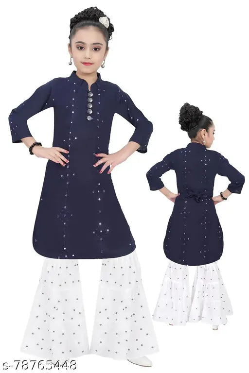 Cute cotton blend straight-cut palazzo kurtas, solid color for girls aged 2-9. Indian ethnic fashion without dupatta
