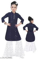 Cute cotton blend girls' Plazzao ethnic kurta set, solid pattern, knee-length palazzos. Size options: 2-3Y, 3-4Y, 4-5Y, 8-9Y. Indian origin