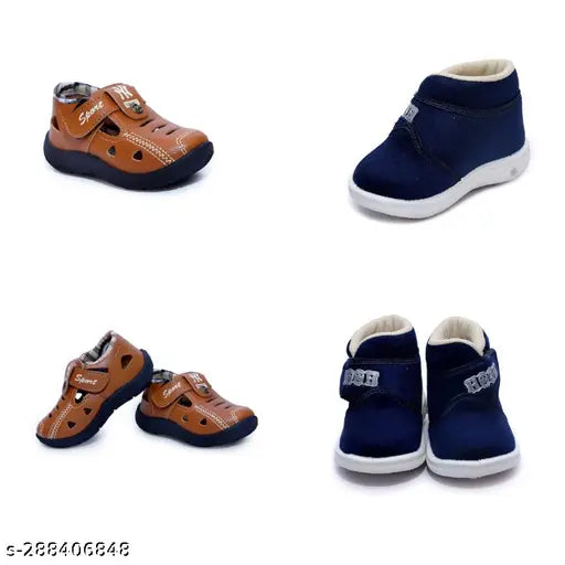 Tan leather sandals and velvet shoes for kids, breathable, shining, fashionable, and comfortable. Velcro fastening, memory foam insole, ideal for boys and girls sizes 2-2.5 years to 4.5-5 years. Indian origin