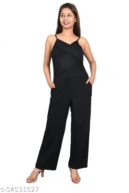 Black polyester jumpsuit, sleeveless and solid design for ladies, comfortable fit and straight hemline