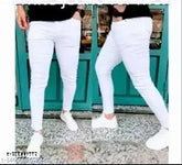 Men's cotton blend white jeans, solid design for stylish fit, size 32 (India origin)