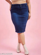 Plus size stretchable denim pencil skirt, cotton blend solid net, available in sizes 36-44 (waist 36-44, length 25in, hip 44-52in), made in India
