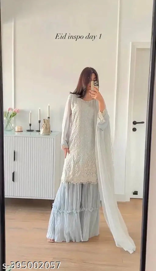 Heavy faux Georgette kurta with embroidery, 3mm sequence work & bell sleeves, India-made, XL (Bust 44in, Top 38in, Waist 34in, Bottom 39in)