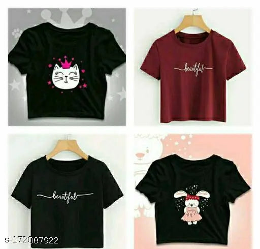 Black crown black maroon beautiful doll crop top for girl - printed net, short sleeves, polycotton fabric. High-quality and comfortable clothing for fashionable girls. Made in India