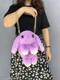 Canvas fluffy rabbit sling bag for girls, perfect for daily essentials. Luminous geometric lattice design, Rexine outer and inner material