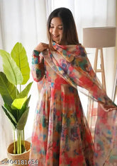 XXL organza tabby silk printed net gown with duppatta, Indian-made quality long sleeve party wear