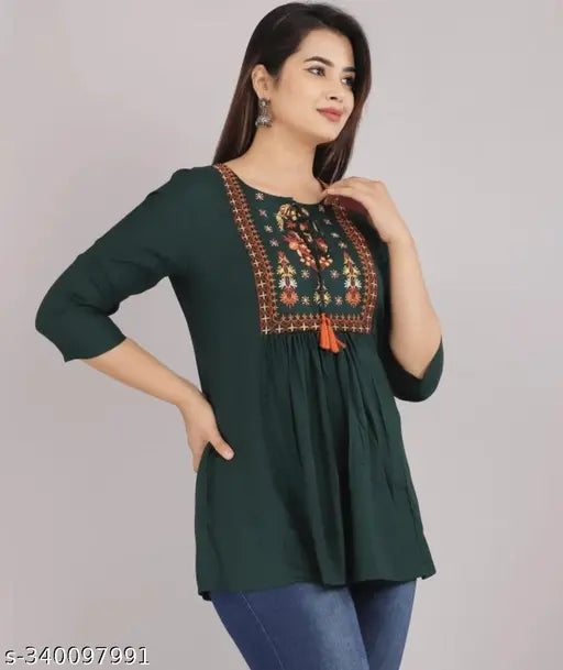 Rayon embroidered net three-quarter sleeve tops for women, L & XL, Indian origin