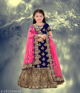 Embellished semi-stitched satin lehenga choli for girls, free size from Women Wed Girls, Indian wedding wear with net dupatta and short sleeves