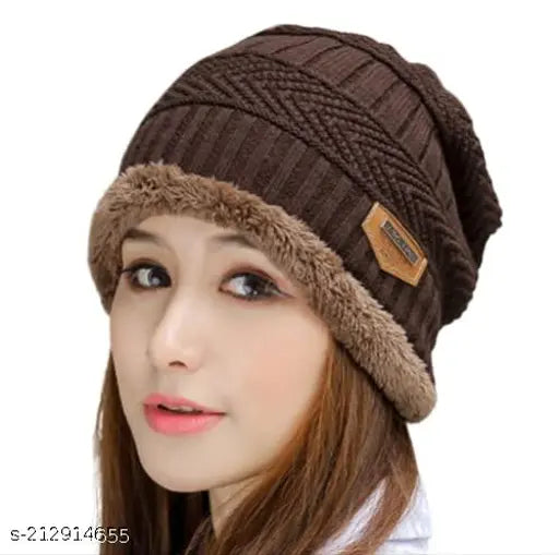 Soft woolen cap with fur lining, suitable for men and women during winter. Solid design, perfect for cold weather outfits. Made in India