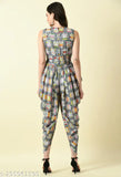 Digital owl print maxi dhoti jumpsuit, Indo-Western style, perfect for party wear. Crepe fabric, sleeveless design." (103 characters)