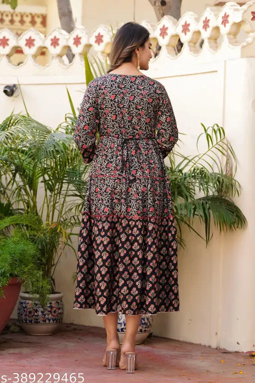 Black rayon embroidered flared anarkali gown kurta for women, printed pattern on three-quarter sleeves