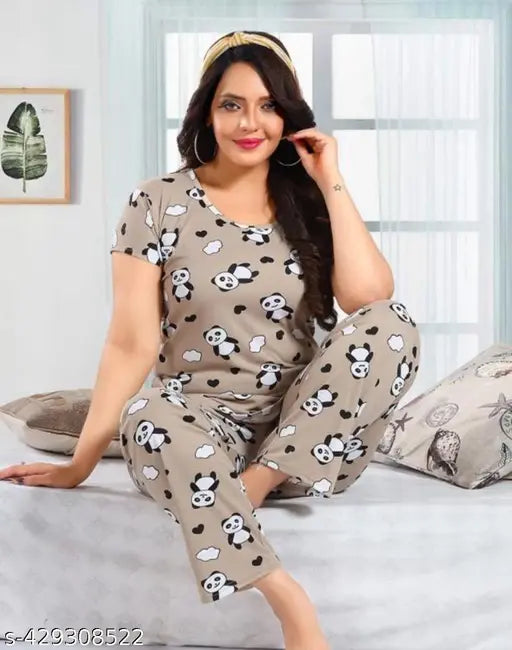 Panda print women's nightshirt and pyjama set, short sleeved sleepwear in soft cotton, Indian origin