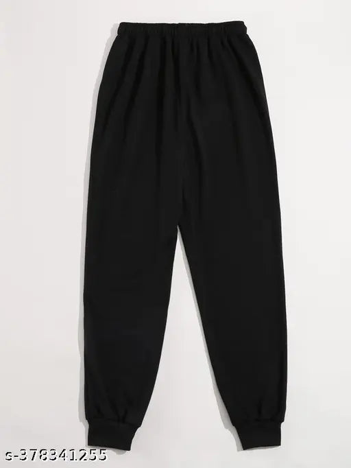Black cotton blend printed jogger pants for women, stylish and comfortable, India origin